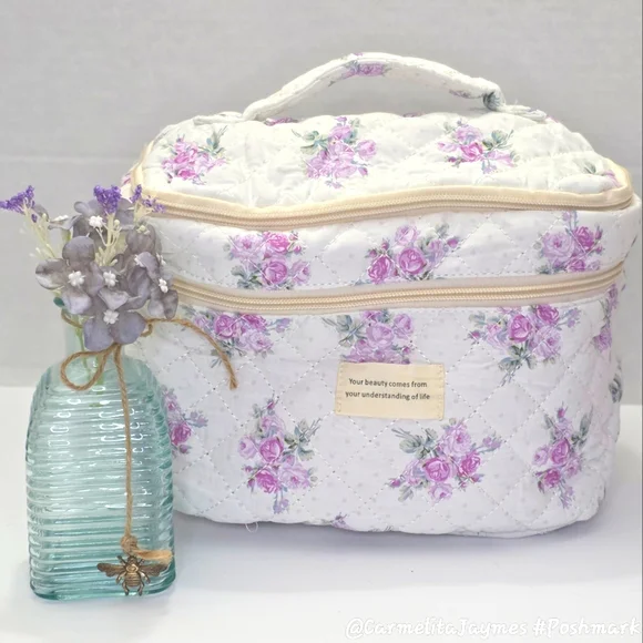 Floral Quilted 👝 3 pc XL Cosmetic Bag Set Travel Toiletry Makeup Organizer NWT - Picture 7 of 15